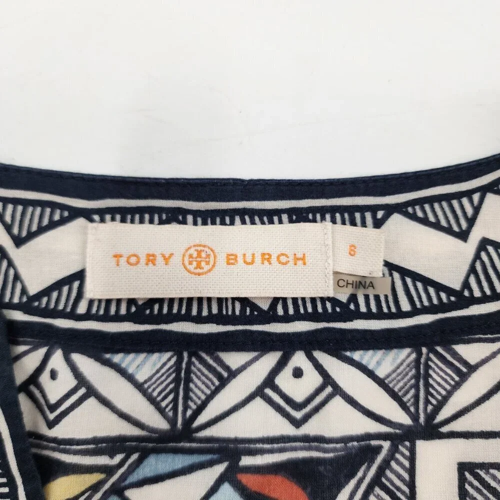 TORY BURCH Geometric Print Long‎ Sleeve Cotton Tunic Top